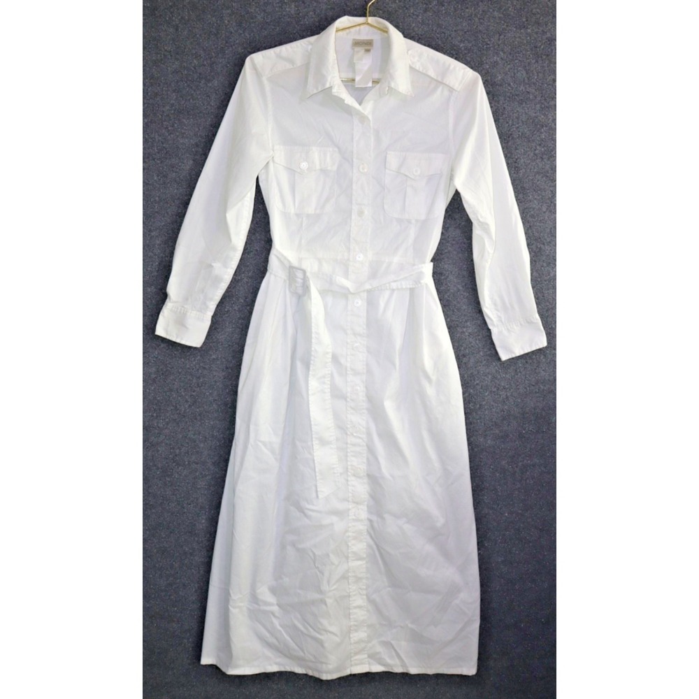 MONDI Dress Women 36 White Belted Trench Collar Button Up Maxi Long Sleeve EUC